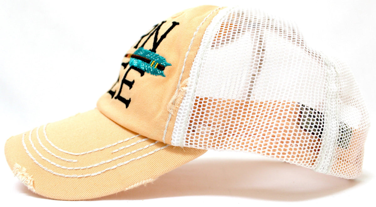 PEACHY SAND "BORN FREE" Embroidery Vintage Trucker Hat, Pink Mesh Back & Arrow - Caps 'N Vintage 