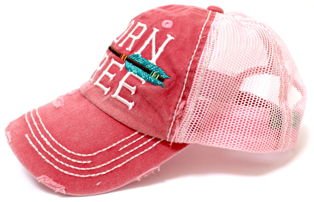 Rose Pink "BORN FREE" Embroidery Mesh-Back Trucker - Caps 'N Vintage 