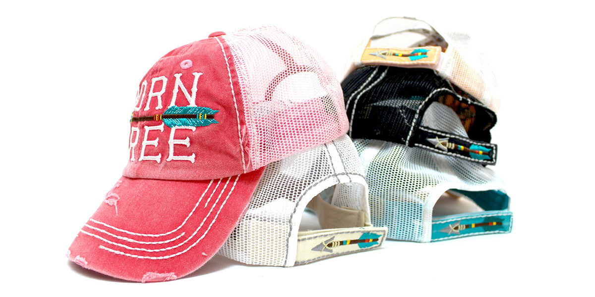 SEASHELL STONE "BORN FREE" Embroidery Vintage Trucker Hat, Pink Mesh Back & Arrow - Caps 'N Vintage 
