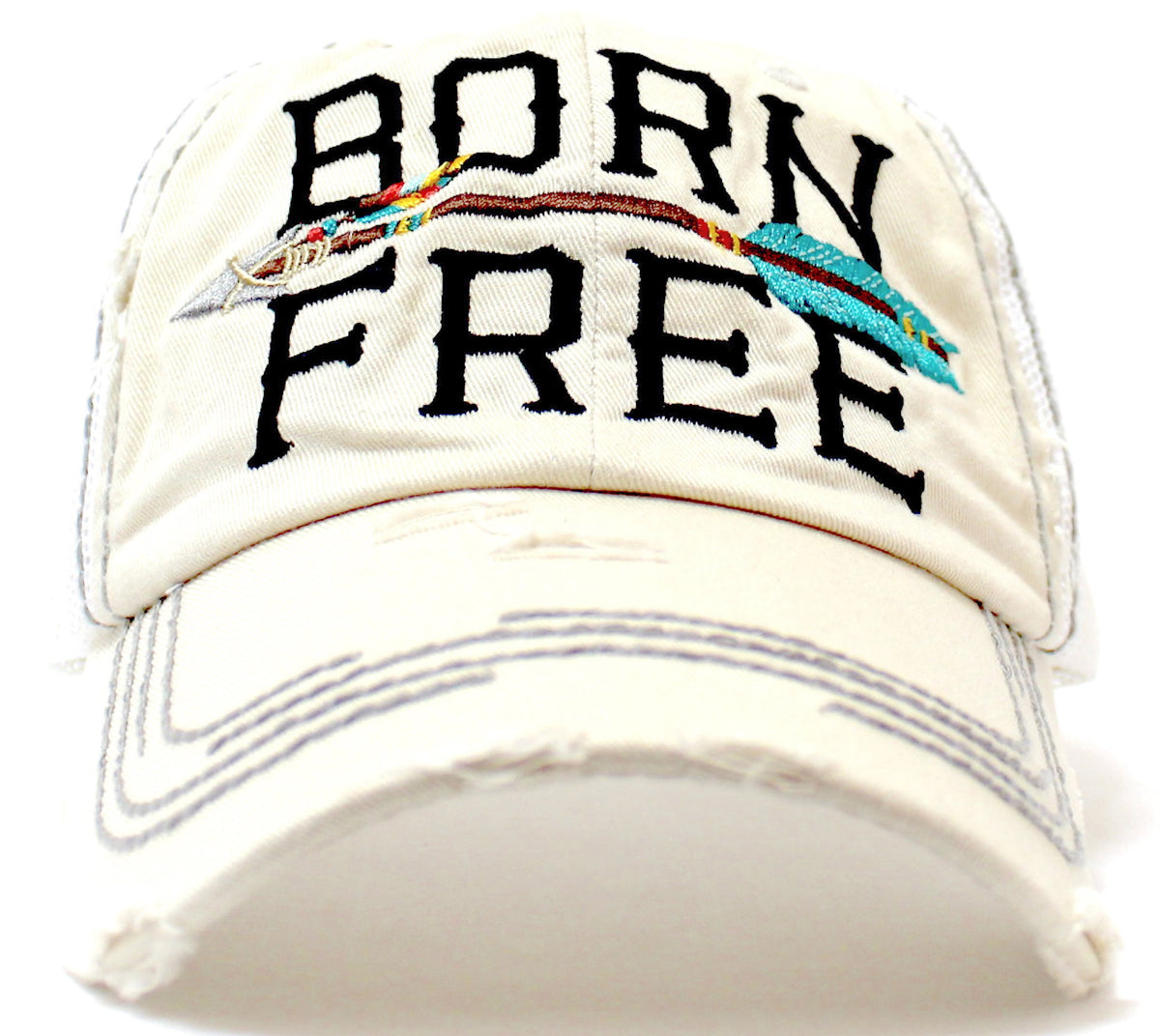 SEASHELL STONE "BORN FREE" Embroidery Vintage Trucker Hat, Pink Mesh Back & Arrow - Caps 'N Vintage 