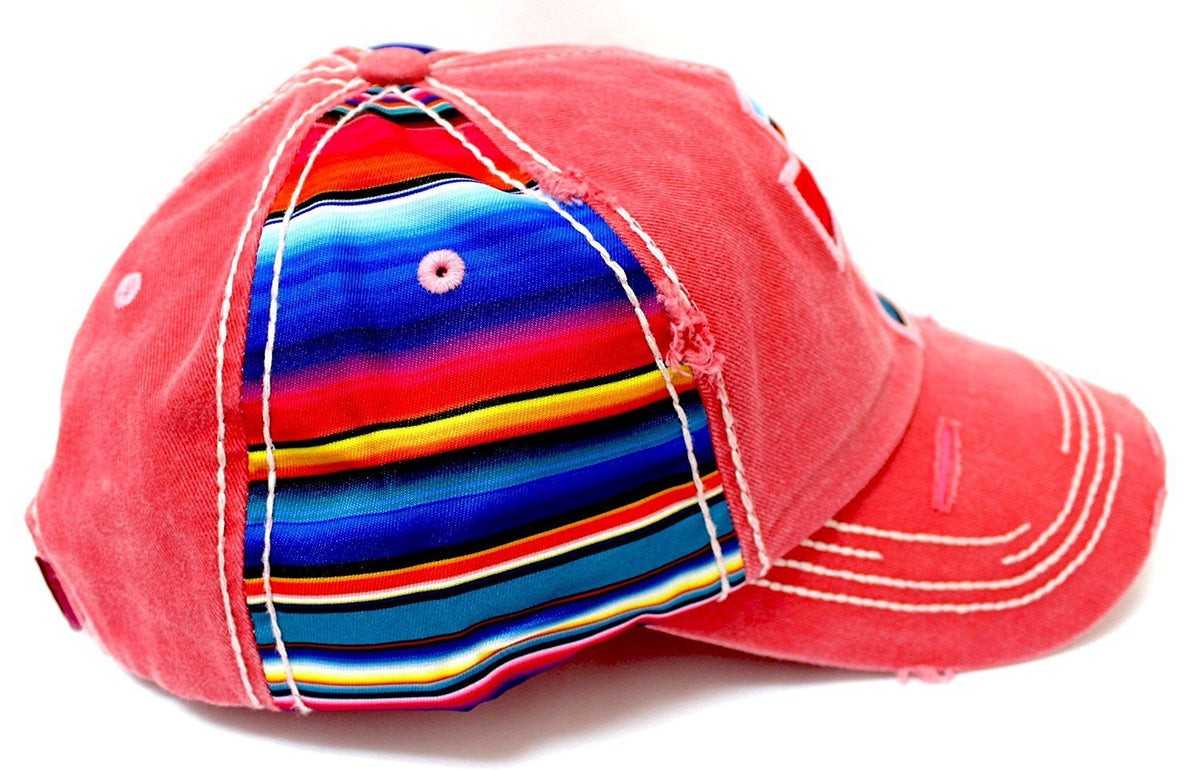 Serape Cross Patch on VINTAGE RED Distressed, Multi-Colored Hat - Caps 'N Vintage 