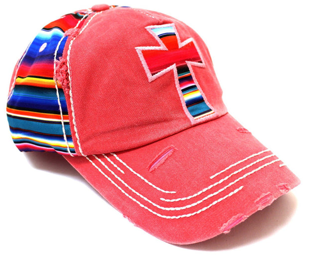 Serape Cross Patch on VINTAGE RED Distressed, Multi-Colored Hat - Caps 'N Vintage 