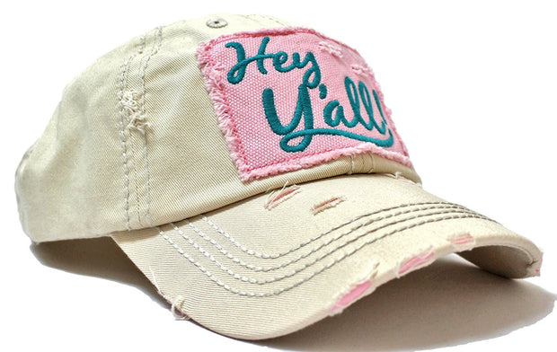 SUMMER EXCLUSIVE "Hey Y'all!" Distressed, Vintage Cap Collection--Ivory - Caps 'N Vintage 