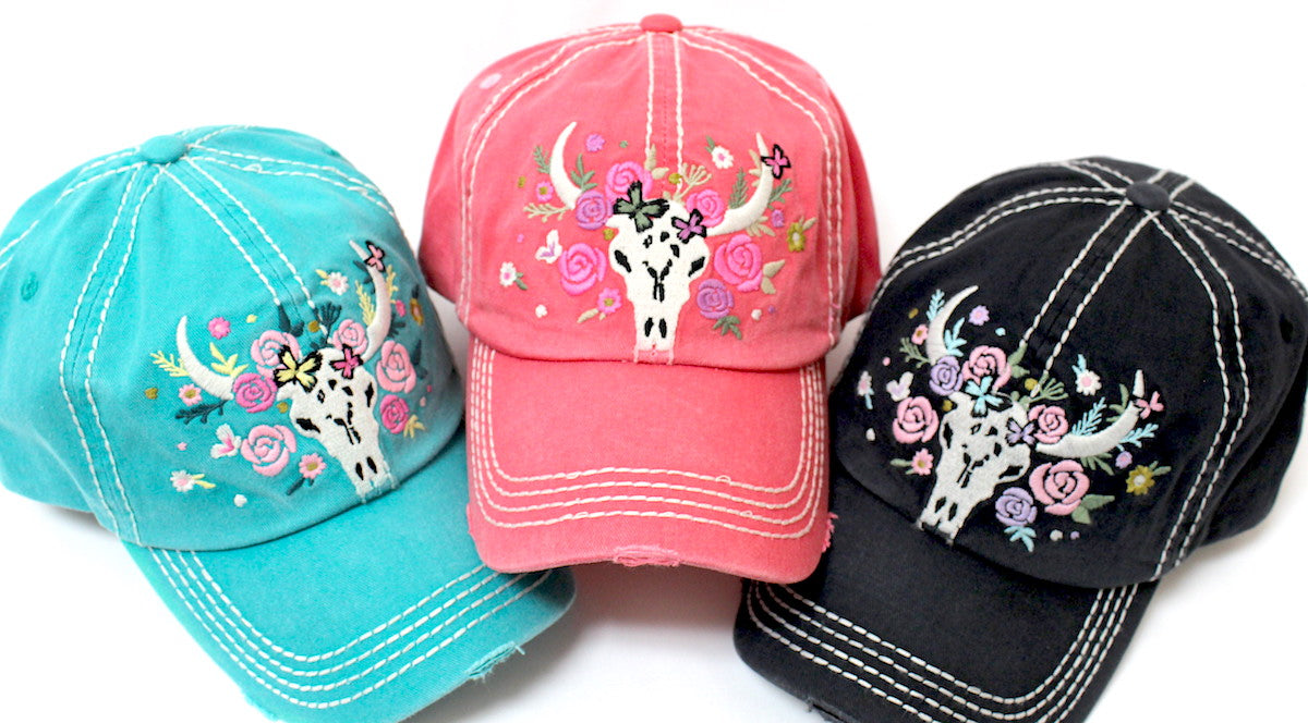 CAPS 'N VINTAGE Women's Floral Cow Skull Embroidery & Rose Detail Hat - Caps 'N Vintage 