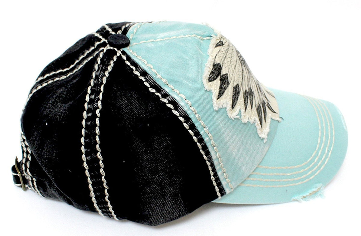 TIFFANY BLUE Vintage Washed CHIEF HEADDRESS Patch Embroidery Baseball Cap - Caps 'N Vintage 