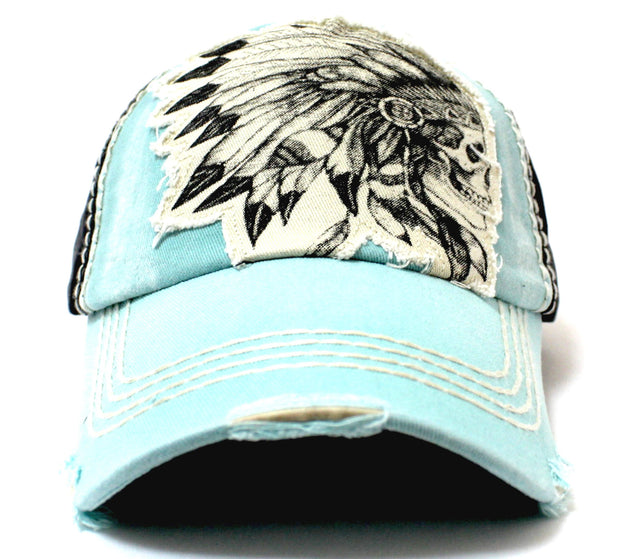 TIFFANY BLUE Vintage Washed CHIEF HEADDRESS Patch Embroidery Baseball Cap - Caps 'N Vintage 