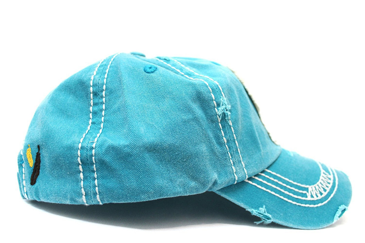 Triple Feather "FREE SPIRIT" Patch on Turquoise, Vintage Cap w/ Back Feather Detail - Caps 'N Vintage 