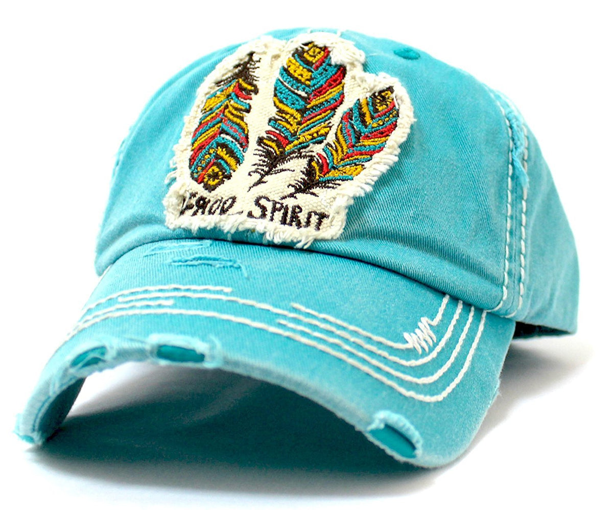 Triple Feather "FREE SPIRIT" Patch on Turquoise, Vintage Cap w/ Back Feather Detail - Caps 'N Vintage 