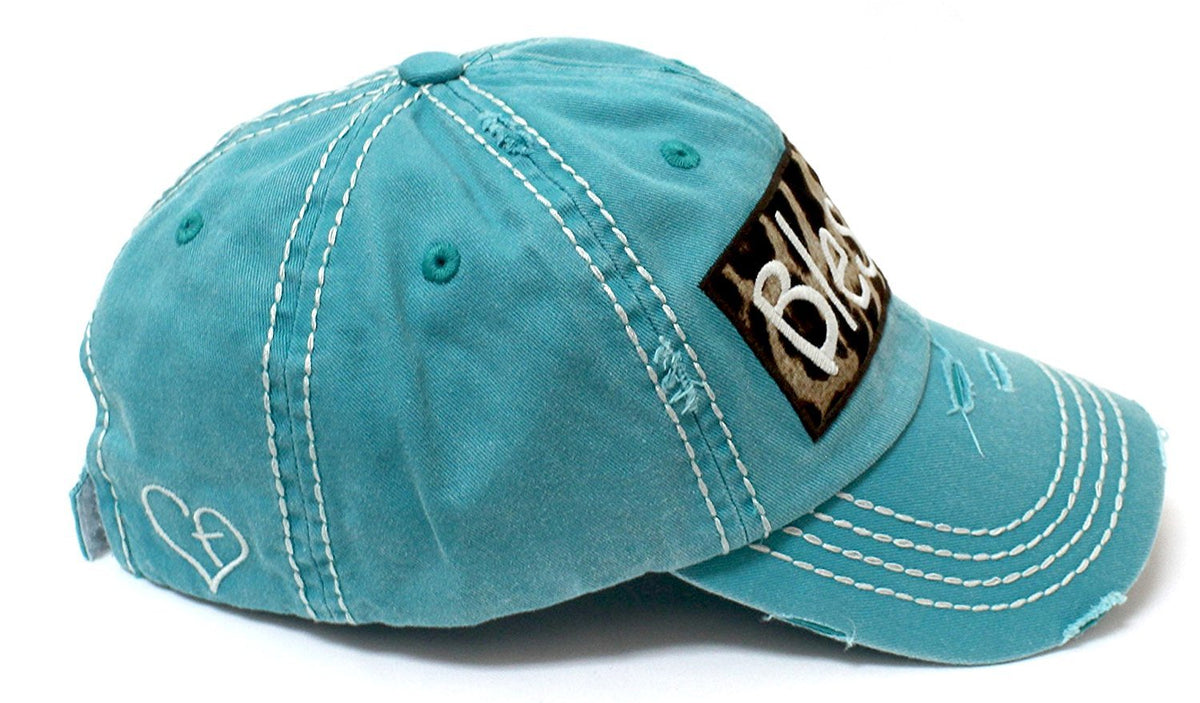 TURQUOISE "BLESSED" Leopard Patch Embroidery Vintage Hat - Caps 'N Vintage 