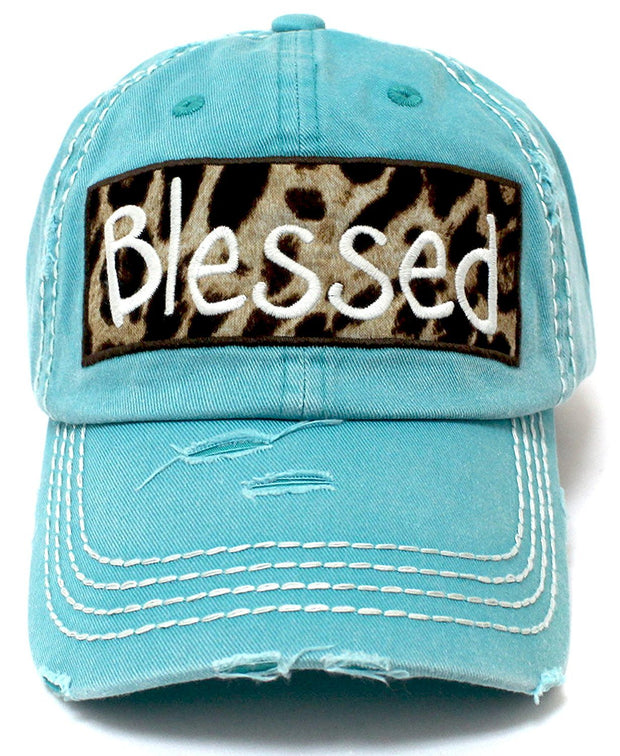 TURQUOISE "BLESSED" Leopard Patch Embroidery Vintage Hat - Caps 'N Vintage 