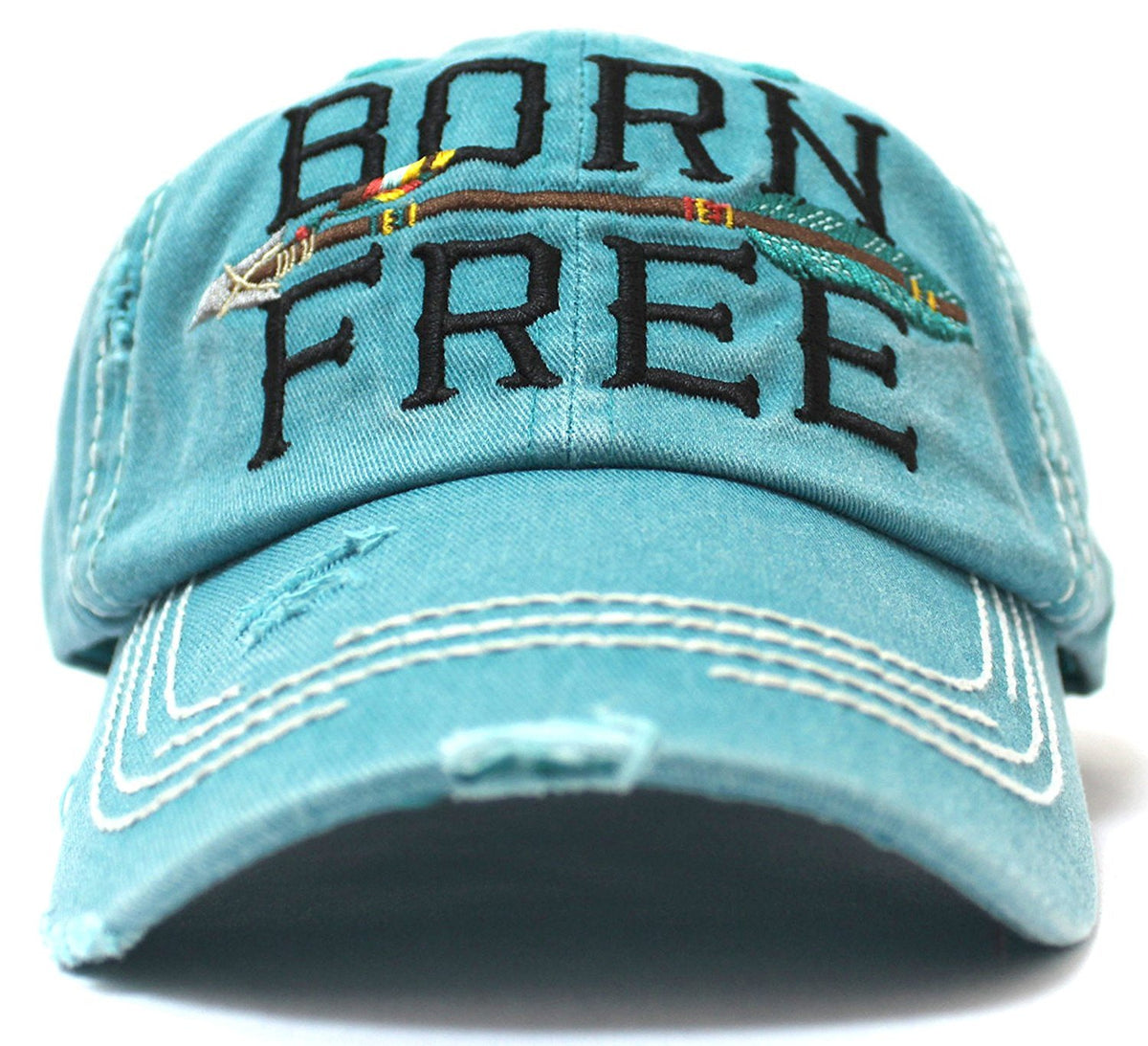 TURQUOISE "BORN FREE" Distressed Baseball Cap w/ Arrow Embroidery Back - Caps 'N Vintage 