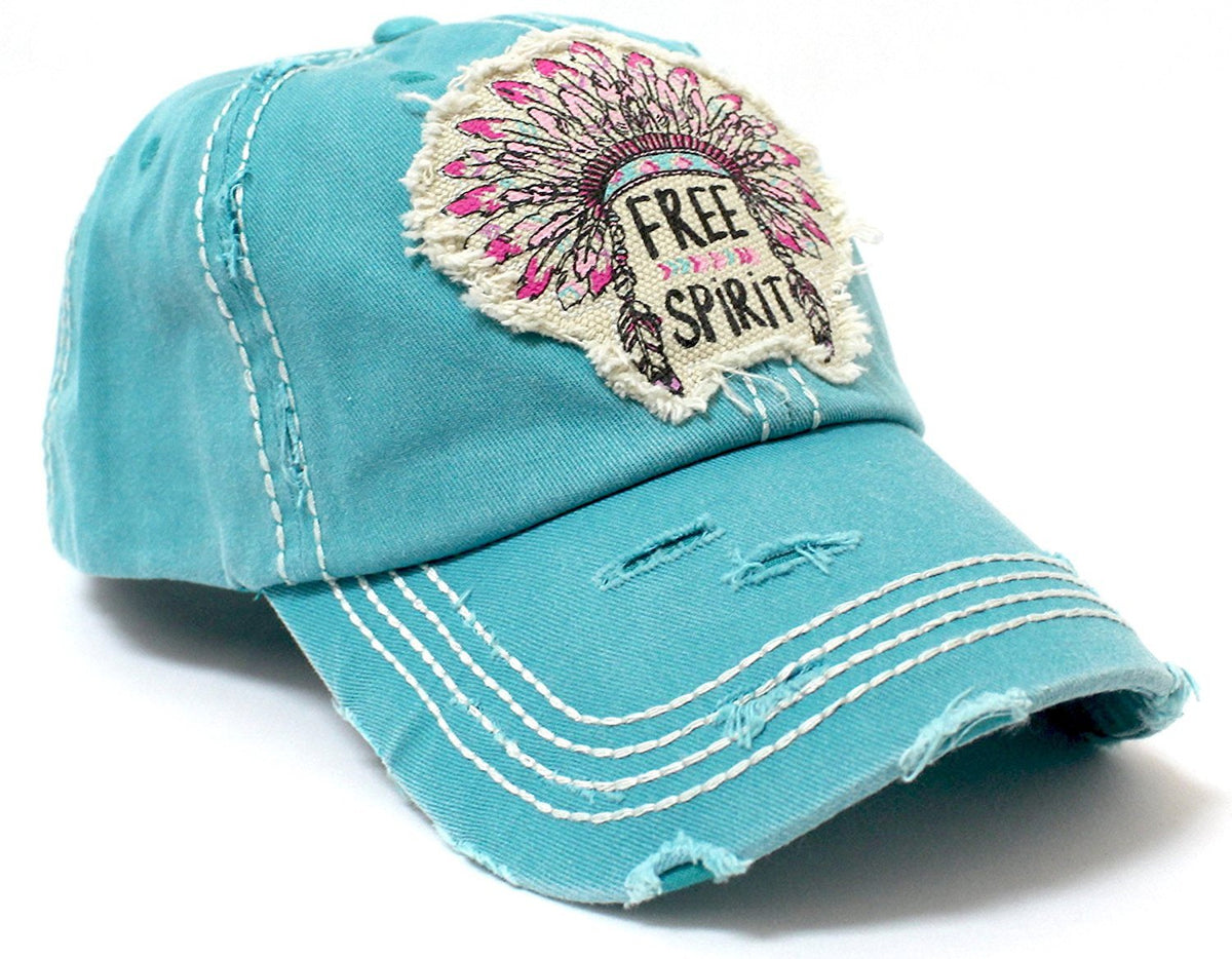 Turquoise "FREE SPIRIT" CHIEF HEADDRESS Patchwork Vintage Baseball Hat - Caps 'N Vintage 