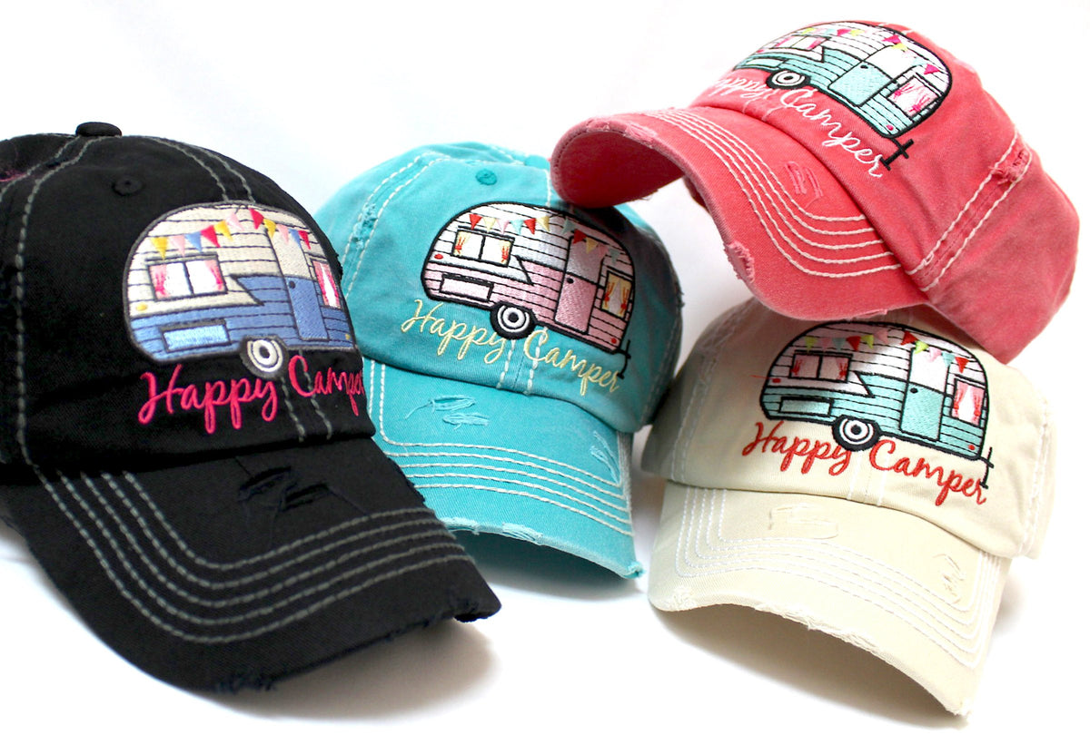 Rose Pink "Happy Camper" Distressed Embroidery Hat - Caps 'N Vintage 
