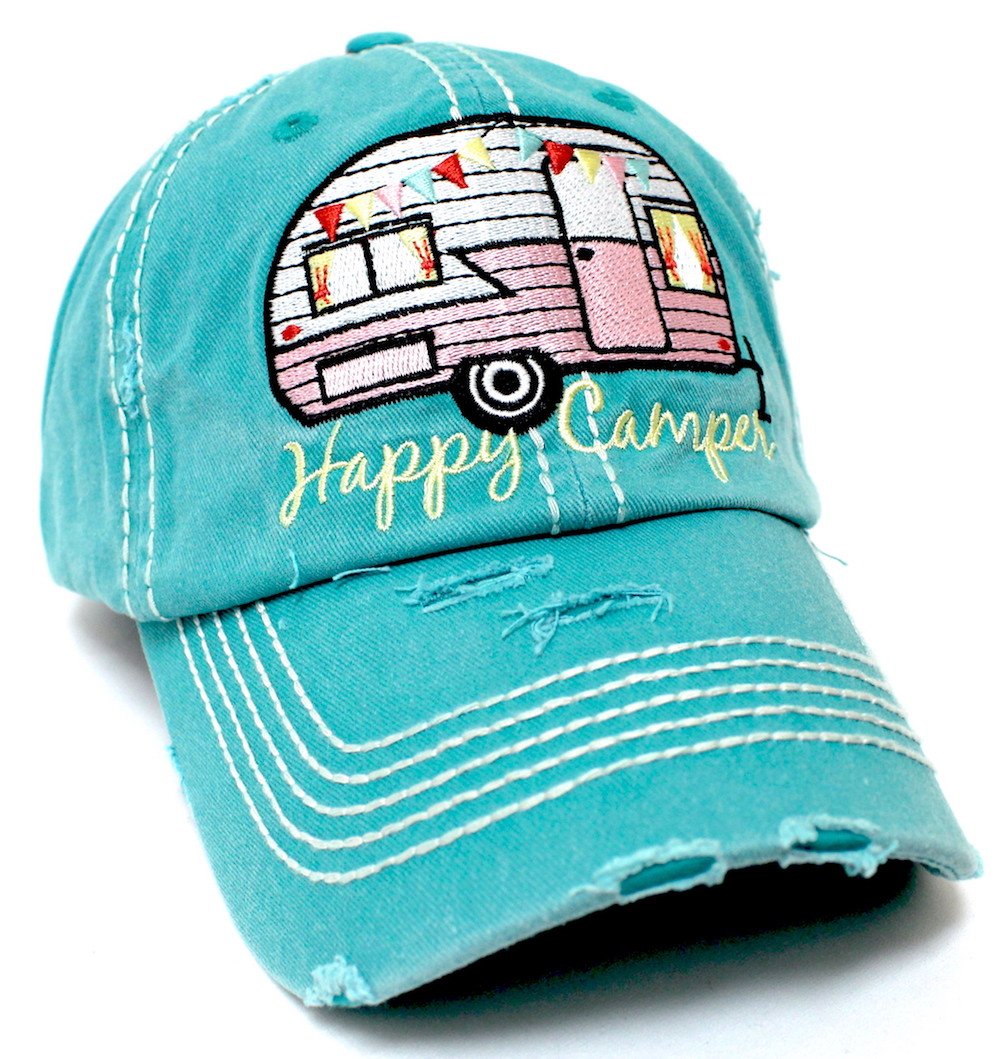 Turquoise "Happy Camper" Distressed Embroidery Hat - Caps 'N Vintage 