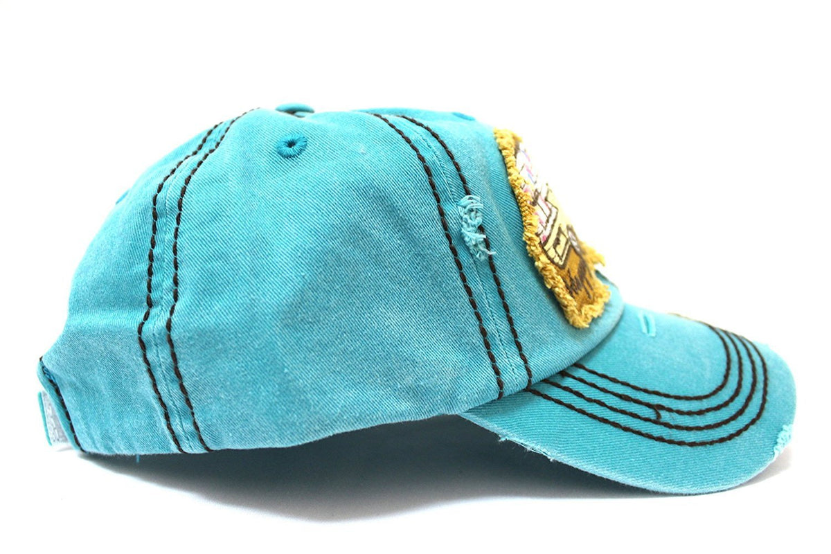 Turquoise "Y'ALL, HAPPY CAMPER, WILD FREE" Multi-Patch Embroidered Adjustable Cap - Caps 'N Vintage 