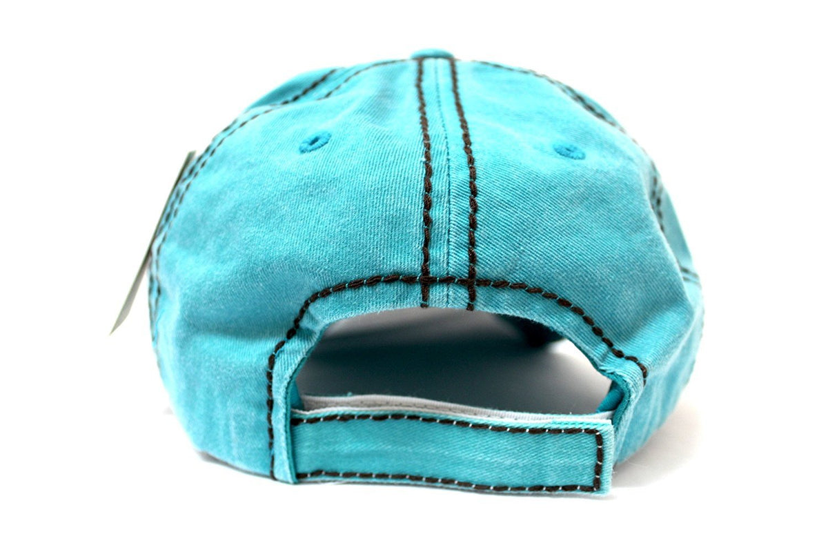 Turquoise "Y'ALL, HAPPY CAMPER, WILD FREE" Multi-Patch Embroidered Adjustable Cap - Caps 'N Vintage 