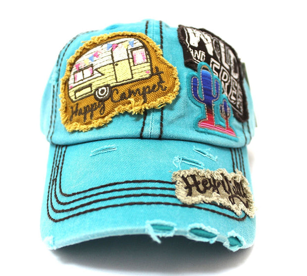 Turquoise "Y'ALL, HAPPY CAMPER, WILD FREE" Multi-Patch Embroidered Adjustable Cap - Caps 'N Vintage 