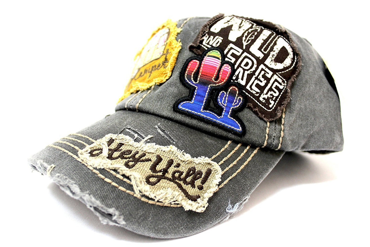 Vintage Black "Y'ALL, HAPPY CAMPER, WILD FREE" Multi-Patch Embroidered Adjustable Cap - Caps 'N Vintage 
