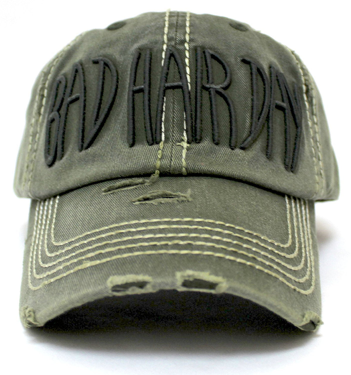 VINTAGE OLIVE Contrast-Stitch "BAD HAIR DAY" Embroidery Ballcap - Caps 'N Vintage 