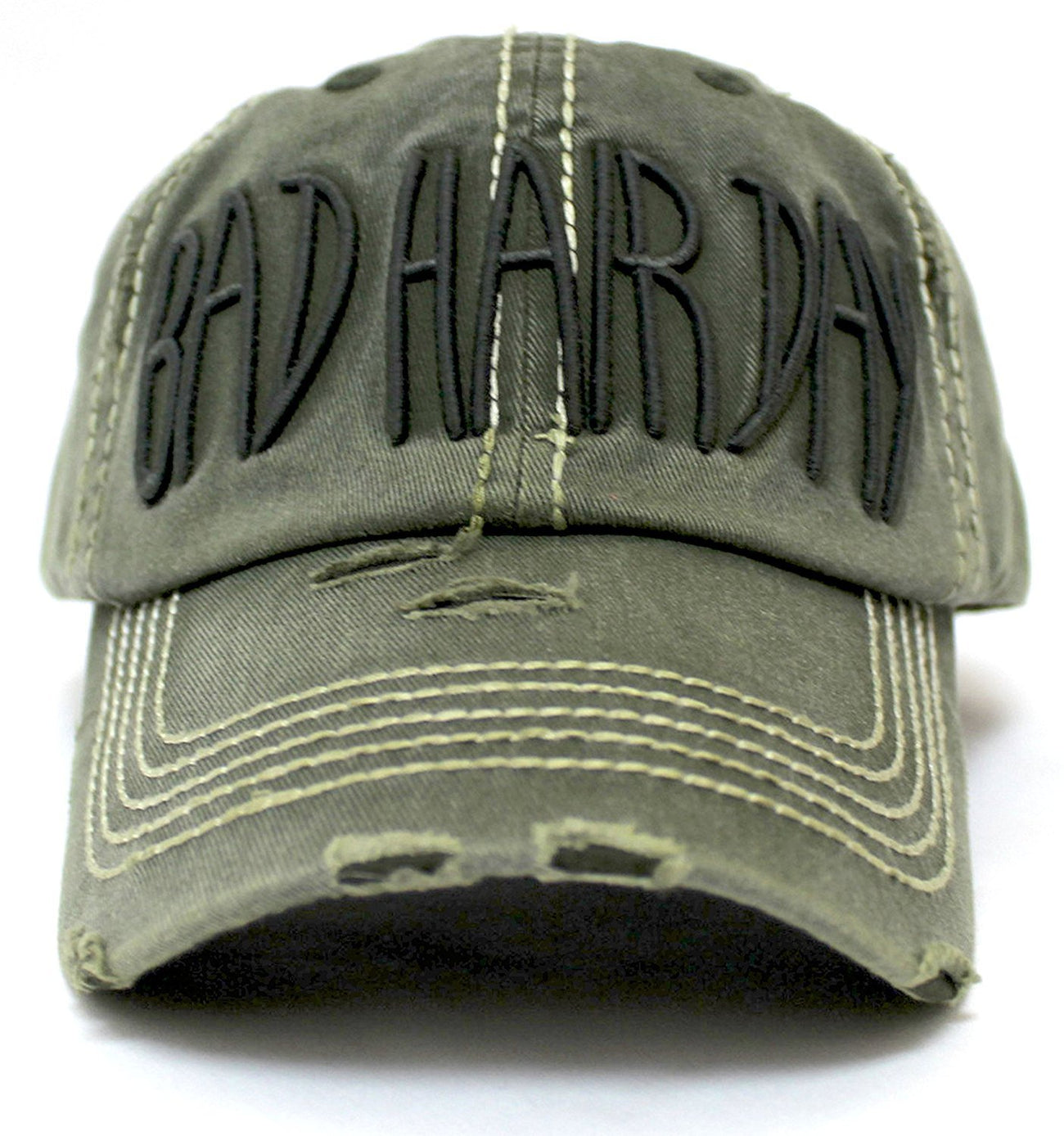 VINTAGE OLIVE Contrast-Stitch "BAD HAIR DAY" Embroidery Ballcap - Caps 'N Vintage 