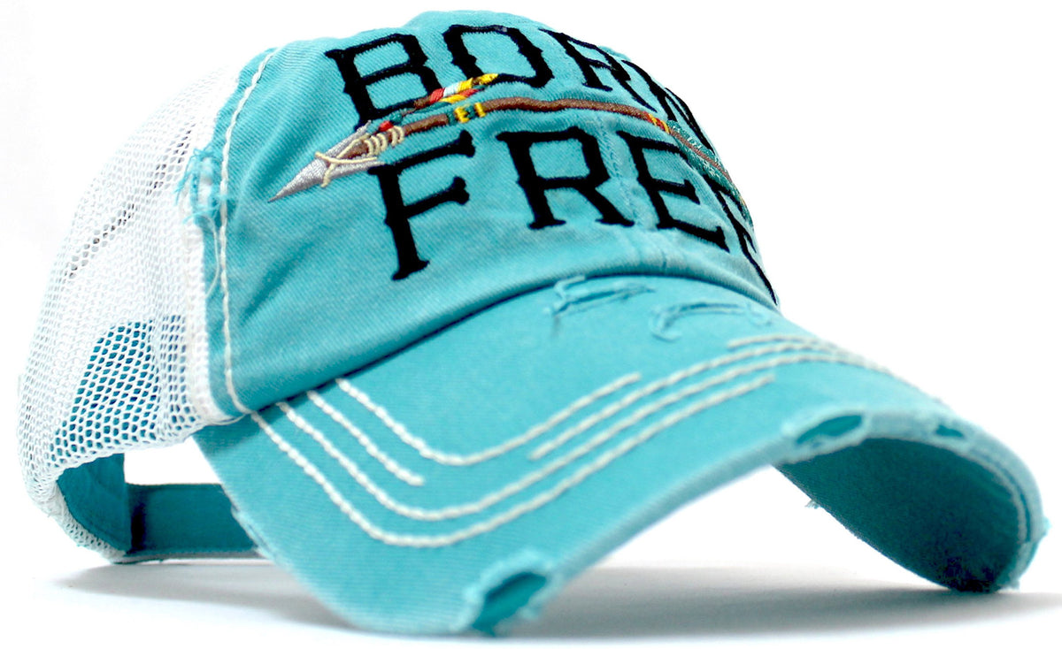 VINTAGE TRUCKER--TURQUOISE "BORN FREE" Embroidery Patch Cap, White Mesh Back Trucker Hat - Caps 'N Vintage 