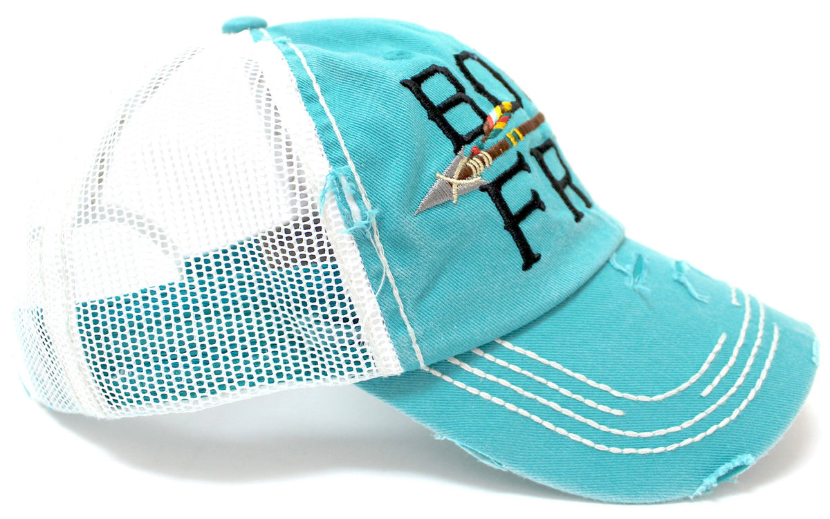 VINTAGE TRUCKER--TURQUOISE "BORN FREE" Embroidery Patch Cap, White Mesh Back Trucker Hat - Caps 'N Vintage 
