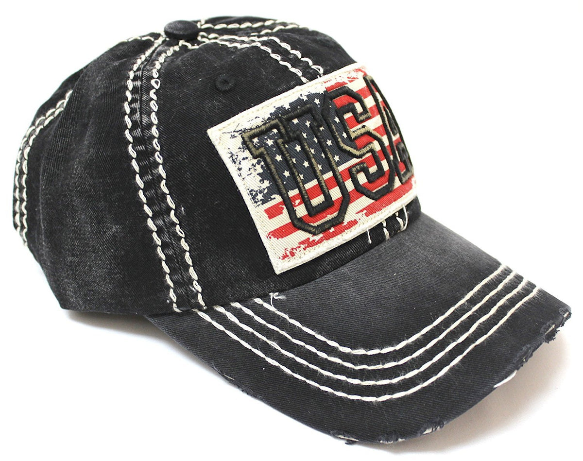 BLACK Vintage USA Flag Embroidery Patch Adjustable Baseball Cap - Caps 'N Vintage 