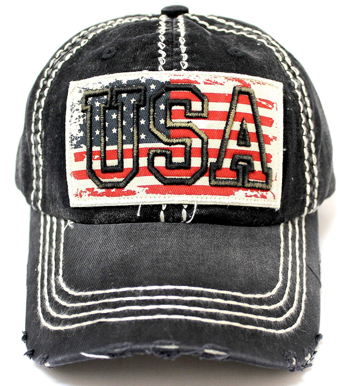 BLACK Vintage USA Flag Embroidery Patch Adjustable Baseball Cap - Caps 'N Vintage 