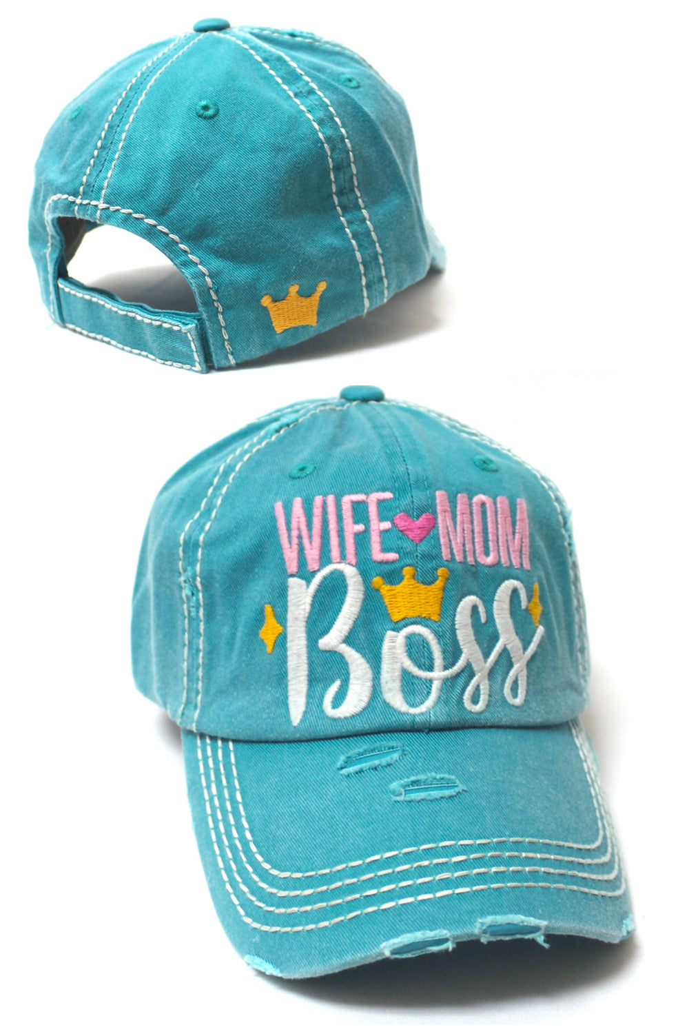 Women's Ballcap Wife Mom Boss Queen Crown Embroidery Hat, Turquoise - Caps 'N Vintage 