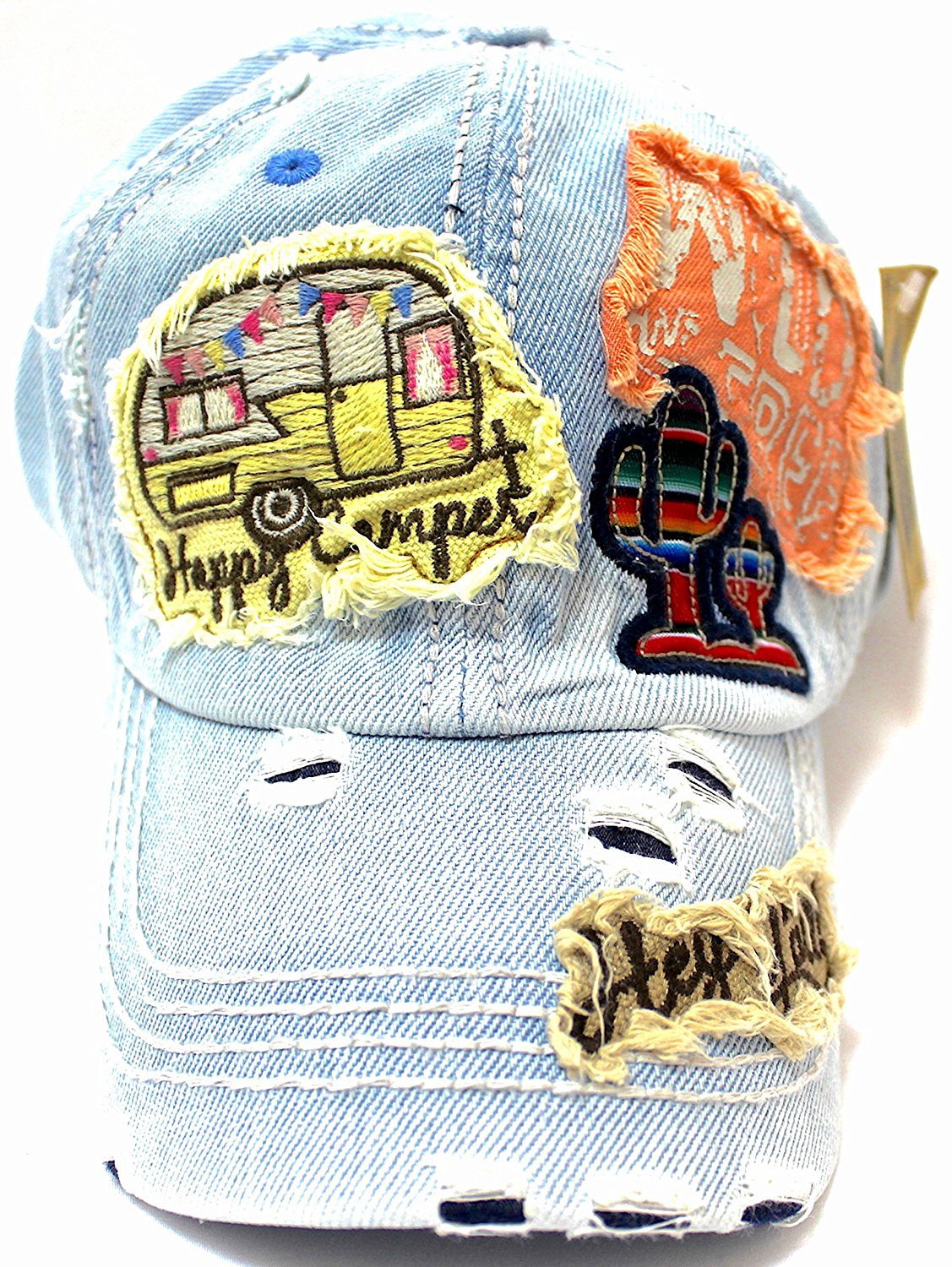 "Y'ALL, HAPPY CAMPER, WILD FREE" Multi-Patch Embroidered Adjustable Cap - Caps 'N Vintage 